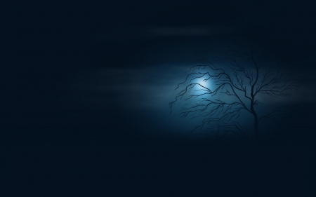 Moon - moon, blue, silhouette, night, tree, fantasy, white, mist, luminos, luna