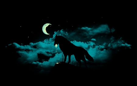 Hati - moon, silhouette, hati, lup, black, fantasy, wolf, luminos, blue, luna