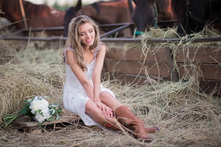 Lovely Thoughts . . - western, hay, women, flowers, models, ranch, outdoors, horses, cowgirl, female, boots, blondes