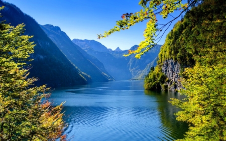 Blue Riverbank - branches, sky, slope, trees, summer, shore, mountains, rocks, nature, river