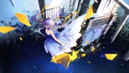 Ɯαи∂ɛяℓʋƨт - Free, Vocaloid, Long Dress, Cute, Sweet, Xingchen, Yellow Ribbons, Anime, Tears, Pig Tails, Blue and Purple Dress, Chinese Vocaloid, swd3e2, Beauty, Long Hair, Water, Purple Hair, Ruins, Yellow, Star, Beautiful, Building, Sparkle, Stardust, Girl, Crying, Magical