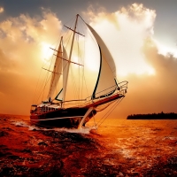 Boat on the Ocean in the Sunset