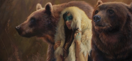 Feral love - art, girl, bear, luminos, animal, alessandra pisano, fantasy