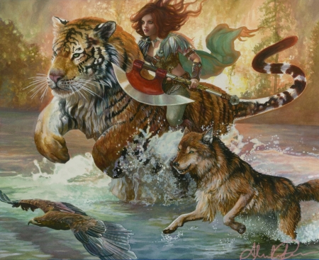 Fight or flight - lup, water, alessandra pisano, fantasy, wolf, art, horse, luminos, animal, tiger