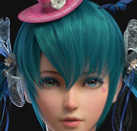 Hatsune Miku - hat, anime, blue, girl, pink, yun sihang, frumusete, manga, fantasy, miku, face, hatsune, luminos