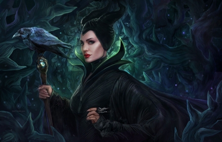 Maleficent - maleficent, bird, raven, girl, horns, black, fantasy, fairy, pasare, art, luminos