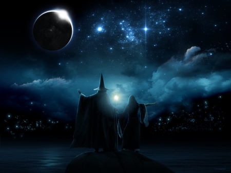 Eclipse - moon, stars, lupographics, fantasy, black, eclipse, blue, luminos, luna, planet