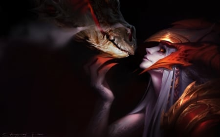 Shyvana - black, fantasy, hand, dragon, red, girl, shyvana