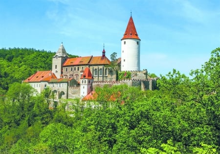 Krivoklat Castle, Czech Rebublic - building, trees, hills, landscape, tower