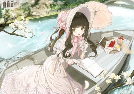 Spring - mullpull, parasol, girl, book, spring, pink, umbrella, anime, magnolia, boat, flower, manga