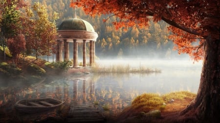 Autumn - water, orange, andrew palyanov, fantasy, autumn, gazebo, pavilion, lake, leaf, luminos