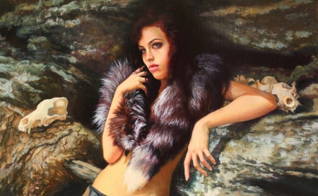 Girl - rock, girl, alessandra pisano, fur, pictura, fantasy, painting, art, luminos