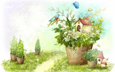 :) - pot, fantasy, bird, house, vector, art, green