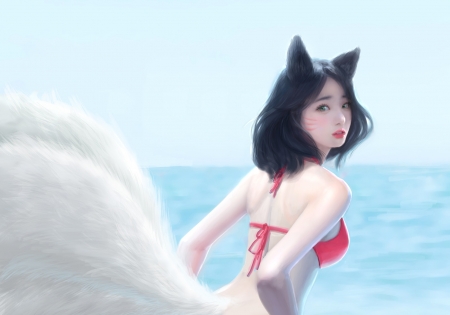 Ahri - vara, girl, swimsuit, summer, fox, pink, blue, luminos, hotduck yoon, nine tails, sea, ahri