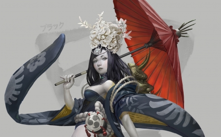 Girl - dancer, girl, fantasy, umbrella, parasol, burlesque, red, fish man, art, asian, luminos, yu ing