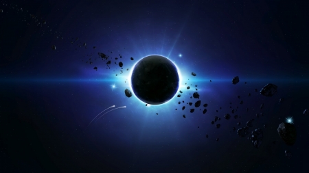 Eclipse - moon, blue, planet, black, fantasy, white, luminos, sky, luna