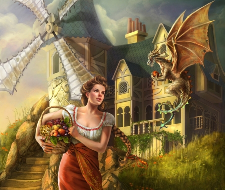 The thief - drazenka kimpel, girl, luminos, thief, dragon, basket, fantasy, fruit