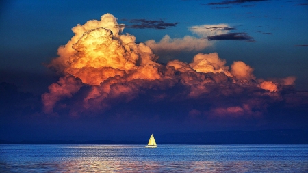 Sailboat on the Sparkling Water - nature, sky, ocean, clouds, sailboat, sea