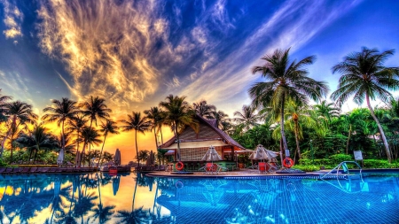 Summer Sunset - clouds, house, trees, sunset, nature, summer, reflection, palm