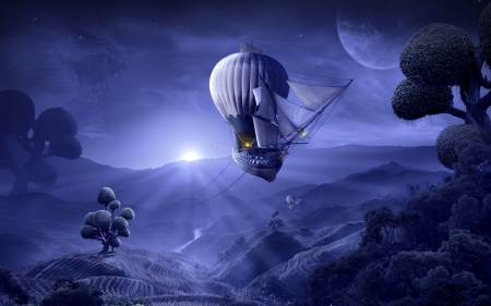 Moonlight Cruise - airships, planet, landscape, night, mountains, art