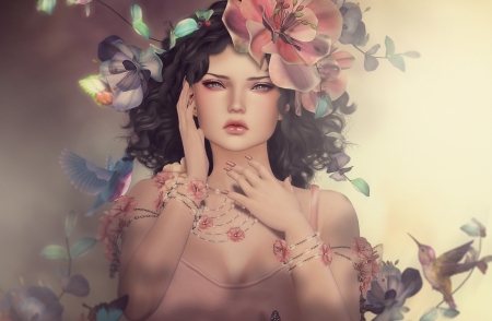 Beauty - fantasy, hand, rendering, girl, face, flower, pink, luminos