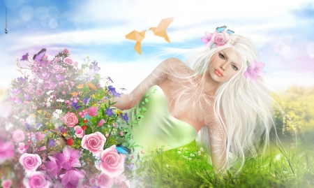 Beauty - rendering, vara, girl, summer, rose, fantasy, bird, luminos, pink, green, flower