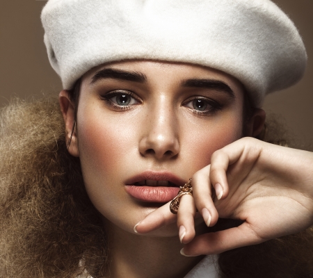 Beauty - hat, girl, jewel, white, hand, woman, model, ring, face