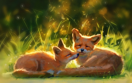 Foxes - vulpe, summer, fox, orange, fantasy, animal, green, kiss, couple, art