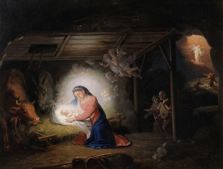 The Holy Child in the stable - maria, cow, v l borovikovskii, jesus christ, angel, stable, holy child, christmas, pictura, animal, craciun, painting, virgen, mary, mother, art