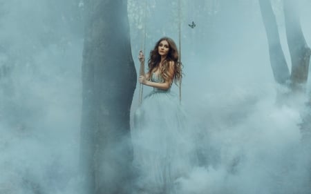 Forest Beauty - butterfly, rope, trees, forest, fog, swing, brunette, trunks