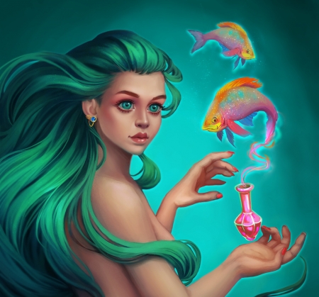 Mermaid witch - girl, julia orwell, fantasy, witch, mermaid, pink, siren, hand, blue, luminos, fish, bottle