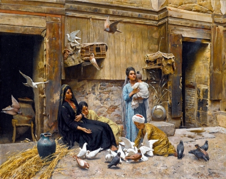 A Cairene courtyard - bird, rudolf swo, child, 1891, pictura, painting, woman, art, luminos, cairo