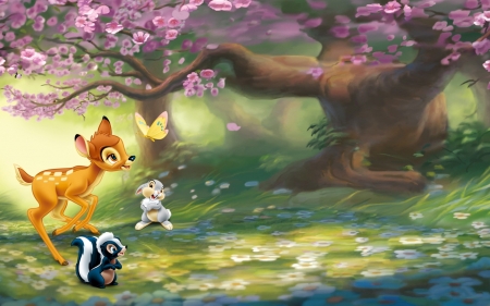 Bambi - bambi, spring, pink, bunny, child, tree, fantasy, deer, movie, butterfly, skunk, disney