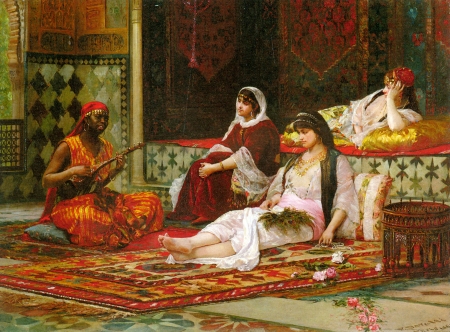 In the harem - woman, girl, instrument, filippo baratti, harem, painting, odalisque, art, luminos, pictura