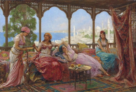 In the harem - woman, girl, harem, painting, odalisque, fabio fabbi, pink, red, luminos, blue, pictura