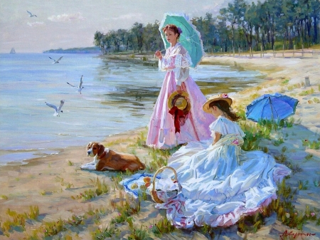 â™¥ - lake, beach, vara, couple, girl, water, summer, caine, aleksandr, dog, luminos, blue, umbrella, averin, sea