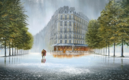 A couple in love - painting, love, art, couple, rain, pictura, boulevard