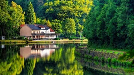 Corner House on Lake - house, trees, nature, green, lake, forest, reflection