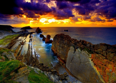 Rocky Beach at Sunset - nature, ocean, beach, clouds, sunset, sea, rocky, rocks