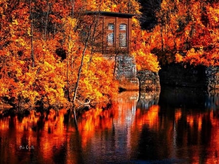 Autumn Reflections in Water - house, trees, water, Nature, autumn, lake, forest, reflection