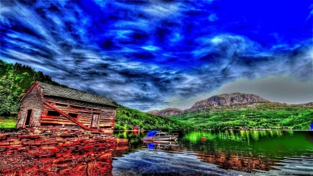 Lakeside House - clouds, house, trees, nature, green, boat, lake, reflection