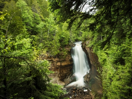 Forest Falls,Michigan - falls, trees, waterfall, creek, nature, forest, rock, stones, usa