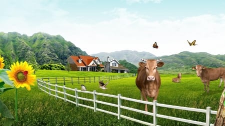 Best Easter Wishes To Elaine (CollieSmile) - sunflower, cows, fence, house, meadow, birds, butterflies