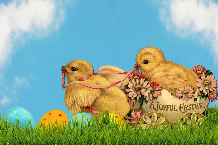 A Joyful Easter - eggs, chicken, cart, vintage, flowers