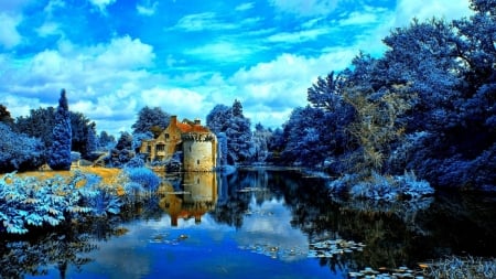 Scotney Castle Garden - clouds, trees, nature, blue, garden, lake, reflection, castle