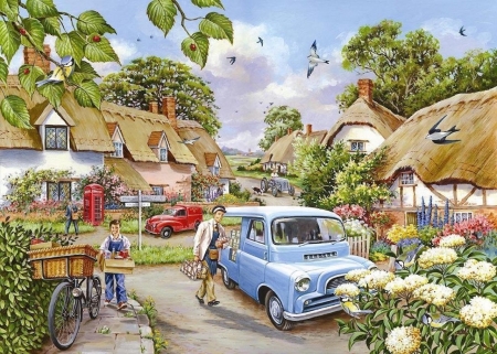 Morning Delivery - milkman, painting, cottages, flowers, tractor, vintage, vans