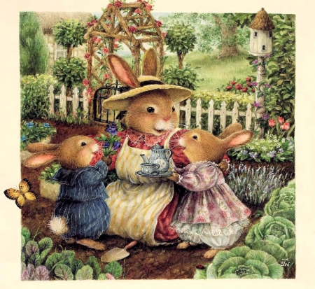 Joyful Easter - bunnies, mother, family, flowers, child, garden