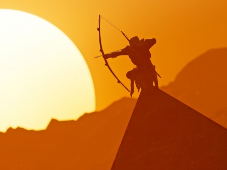 Assassin's creed - moon, bayek of siwa, assassins creed, archer, silhouette, orange, luna