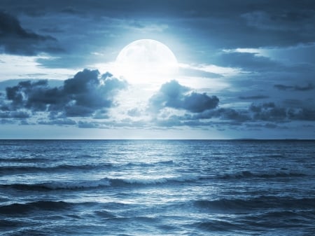 Moon - moon, vara, water, summer, white, cloud, blue, luna, sea