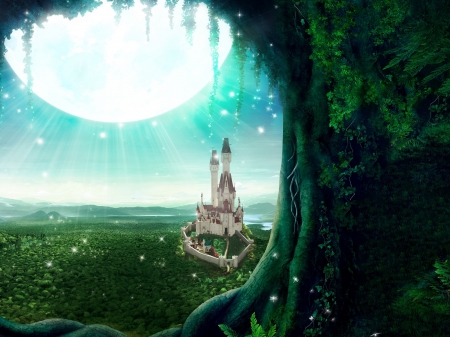 Moonlight - moon, luminos, castle, blue, green, luna, fairy, fantasy